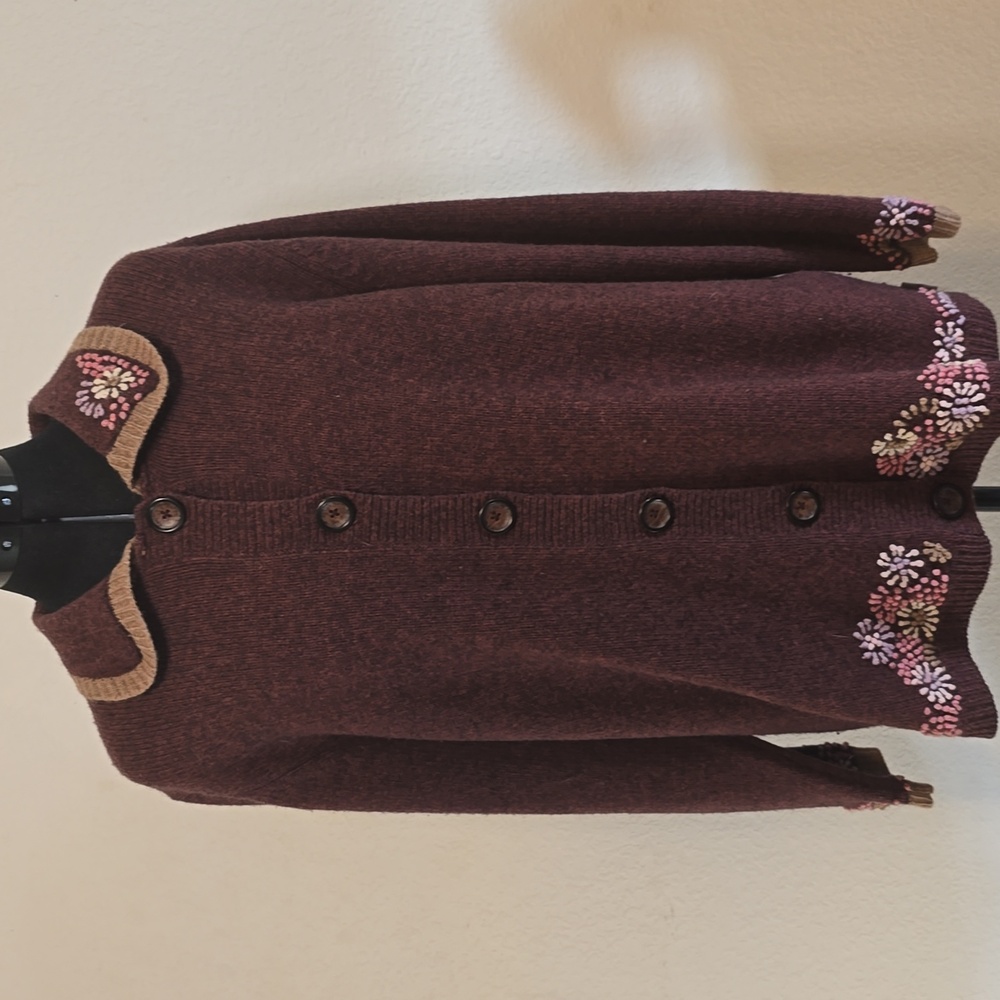 Woolrich Brown Wool Cardigan XL Pink Purple Flower Embroidery